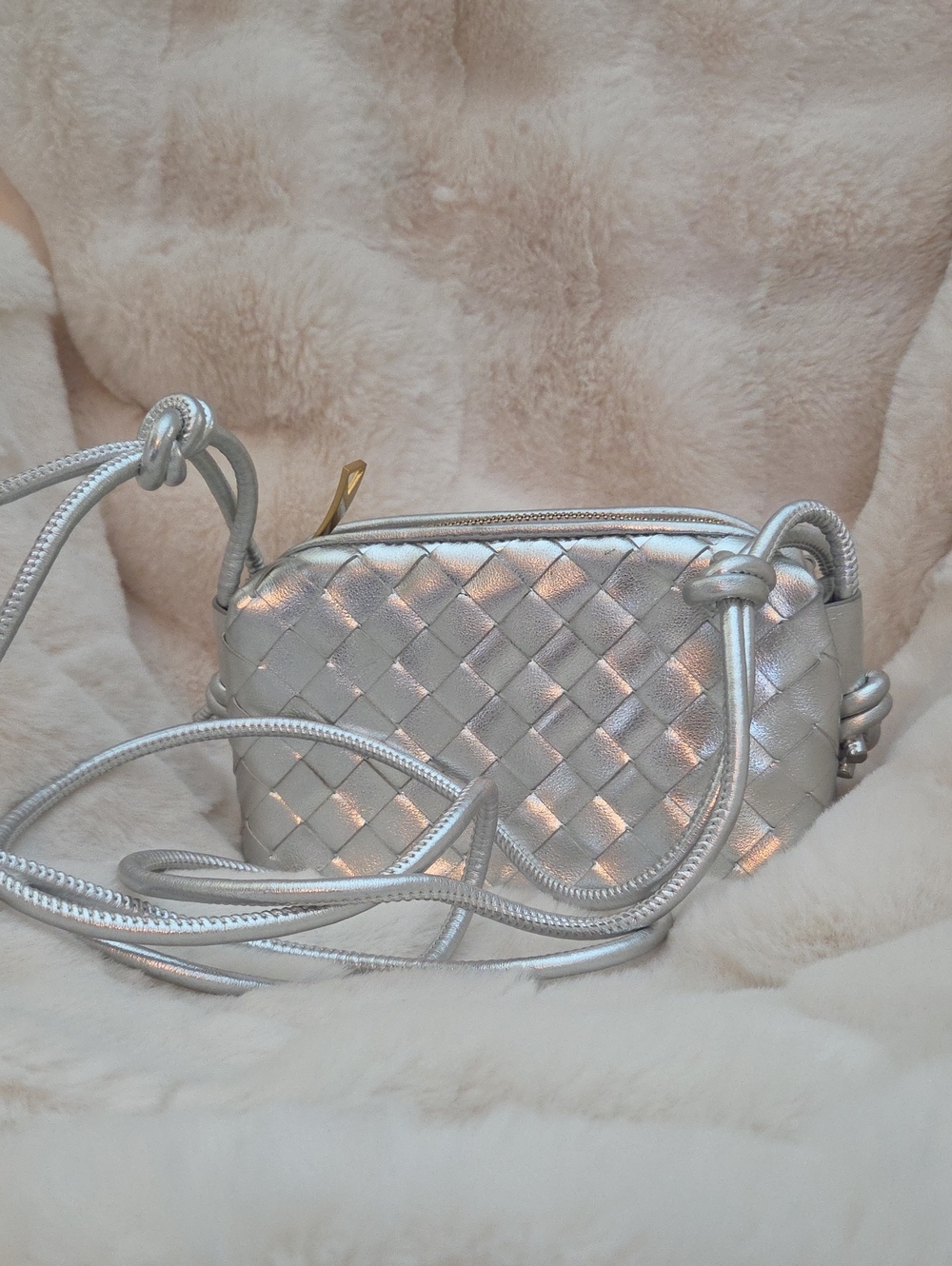 Silver Woven Crossbody Bag with Adjustable Cord Strap